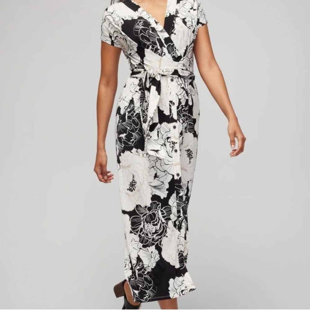 White House Black Market Button Front Midi Wrap Dress (Black / White / Tan)